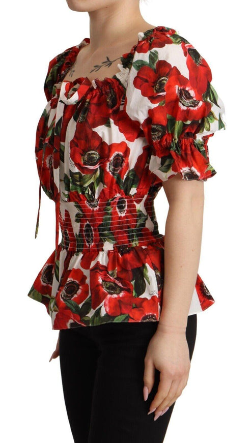 Dolce & Gabbana Red Anemone Print Cotton Short Sleeves Blouse Top - Ellie Belle