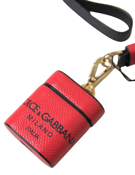 Dolce & Gabbana Red Black Calf Leather Logo Print Strap Airpods Case - Ellie Belle