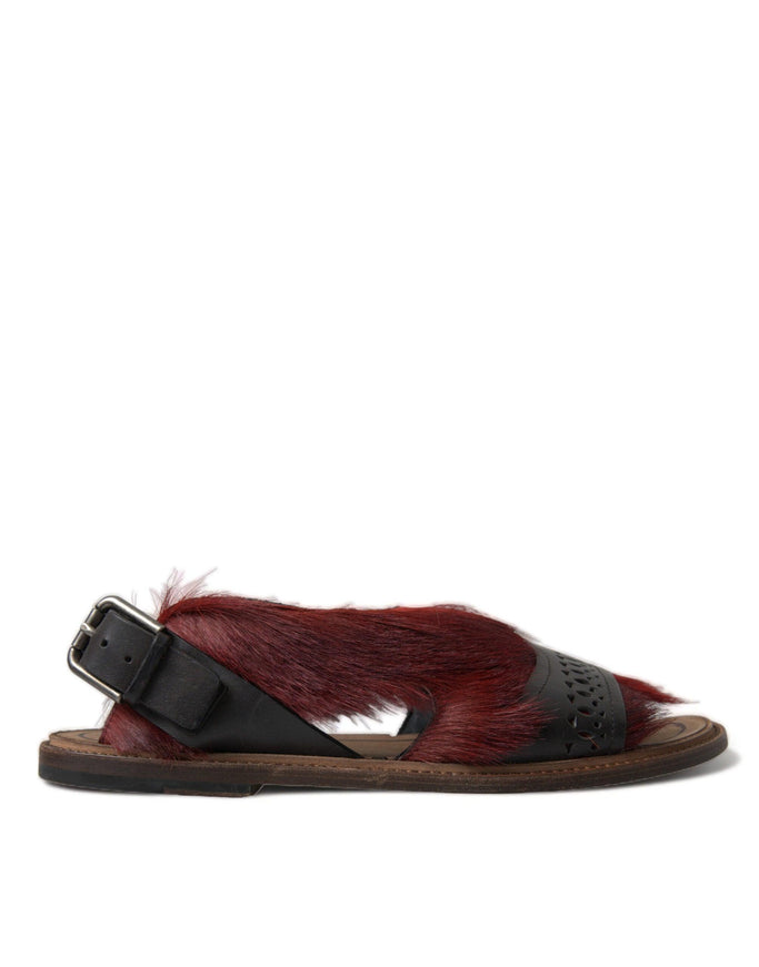 Dolce & Gabbana Red Black Fur Sandals Flats Slippers Shoes - Ellie Belle