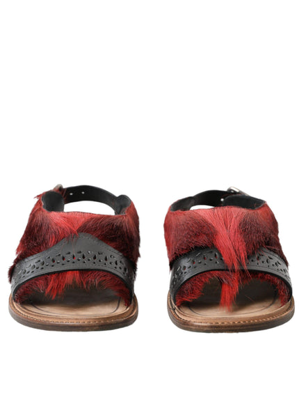 Dolce & Gabbana Red Black Fur Sandals Flats Slippers Shoes - Ellie Belle