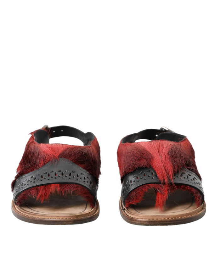 Dolce & Gabbana Red Black Fur Sandals Flats Slippers Shoes - Ellie Belle