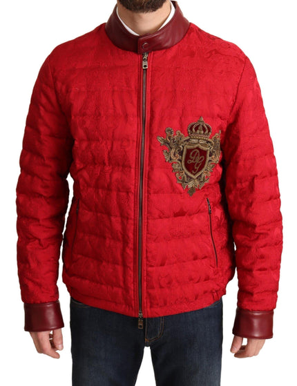 Dolce & Gabbana Red Brocade Bomber Gold Crown Logo Coat Jacket - Ellie Belle