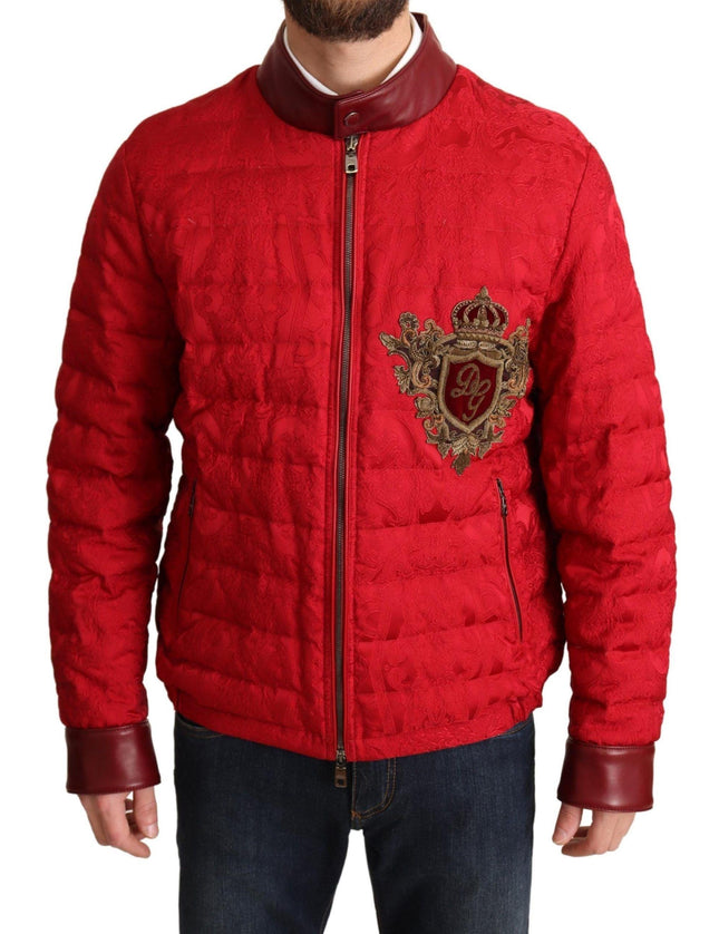 Dolce & Gabbana Red Brocade Bomber Gold Crown Logo Coat Jacket - Ellie Belle