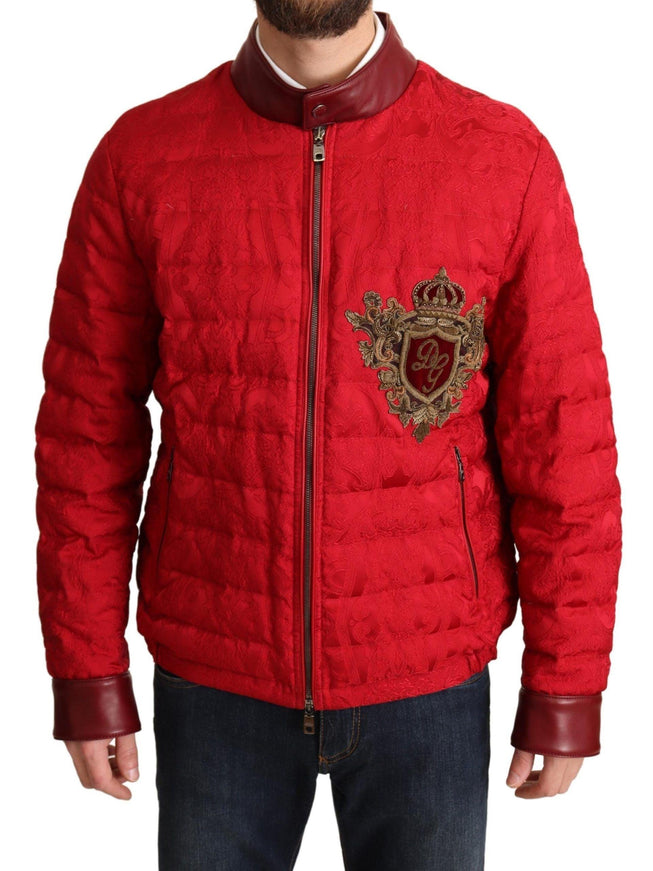 Dolce & Gabbana Red Brocade Bomber Gold Crown Logo Coat Jacket - Ellie Belle