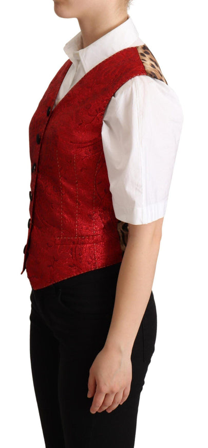 Dolce & Gabbana Red Brocade Leopard Print Waistcoat Vest - Ellie Belle