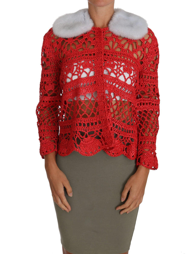 Dolce & Gabbana Red Cardigan Crochet Knit Raffia Sweater