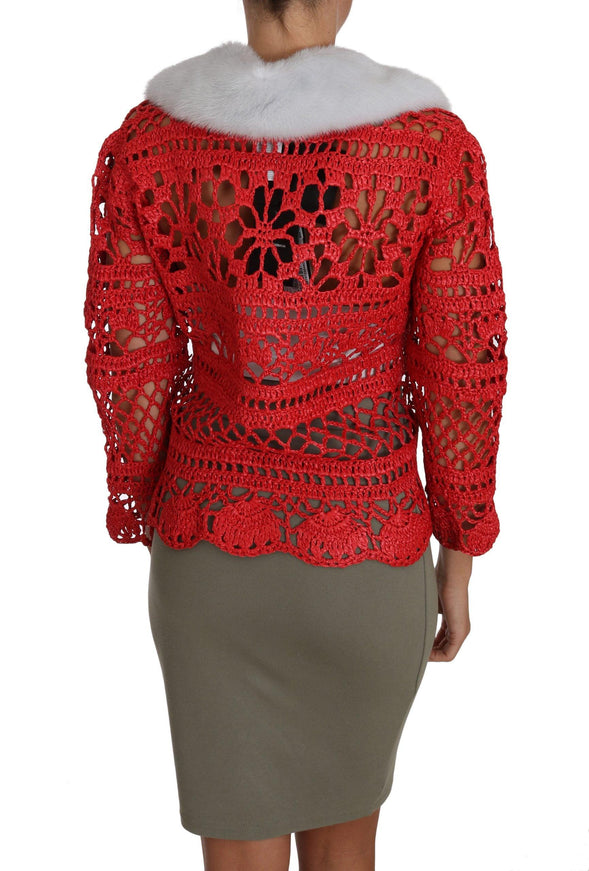 Dolce & Gabbana Red Cardigan Crochet Knit Raffia Sweater