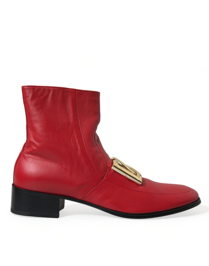 Dolce & Gabbana Red DG Buckle Leather Mid Calf Boots Shoes - Ellie Belle