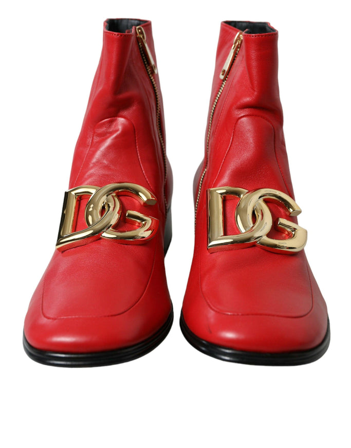 Dolce & Gabbana Red DG Buckle Leather Mid Calf Boots Shoes - Ellie Belle