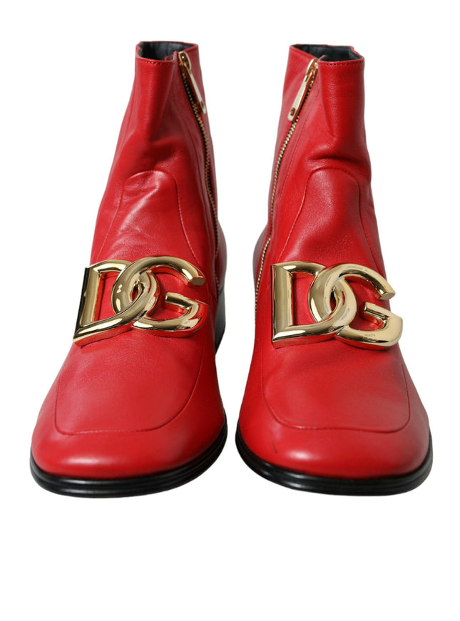 Dolce & Gabbana Red DG Buckle Leather Mid Calf Boots Shoes - Ellie Belle