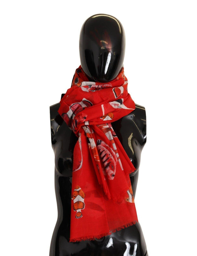 Dolce & Gabbana Red Fish Print Cotton Shawl Wrap Scarf - Ellie Belle