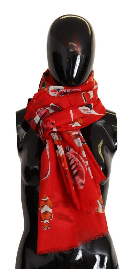 Dolce & Gabbana Red Fish Print Cotton Shawl Wrap Scarf - Ellie Belle