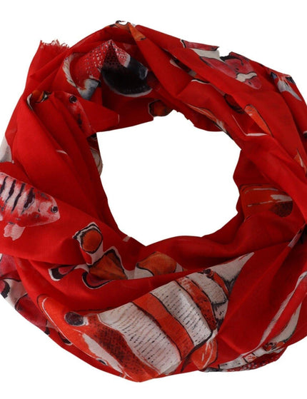 Dolce & Gabbana Red Fish Print Cotton Shawl Wrap Scarf - Ellie Belle