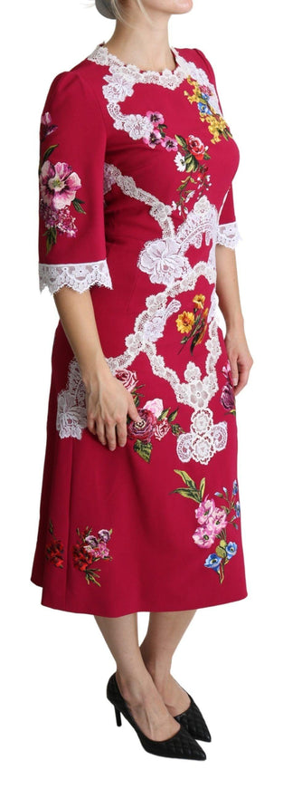 Dolce & Gabbana Red Floral Embroidered Sheath Midi Dress