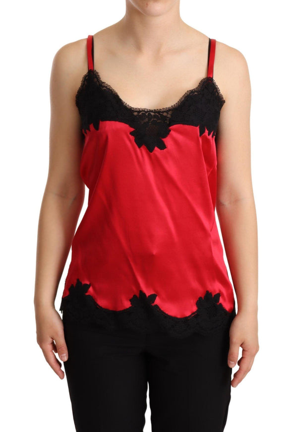 Dolce & Gabbana Red Floral Lace Trimmed Silk Satin Camisole Top - Ellie Belle