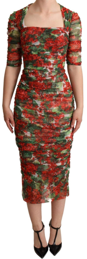 Dolce & Gabbana Red Floral Print Tulle Sheath Midi Dress - Ellie Belle