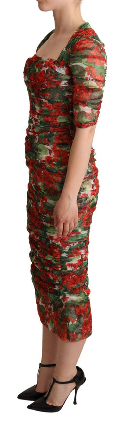 Dolce & Gabbana Red Floral Print Tulle Sheath Midi Dress - Ellie Belle