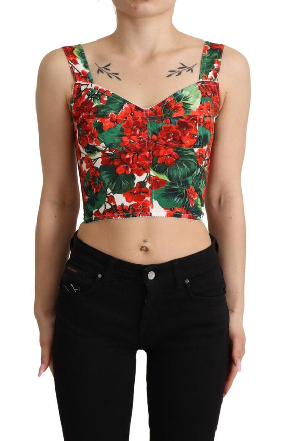 Dolce & Gabbana Red Geranium Print Viscose Sweetheart Cropped Top - Ellie Belle