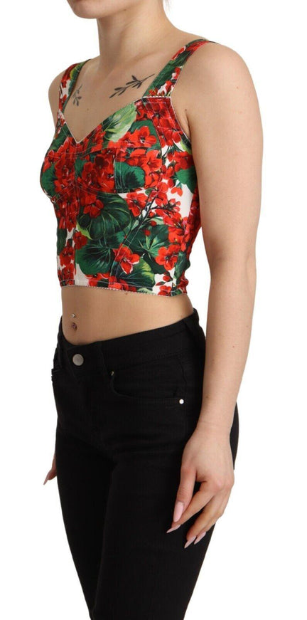 Dolce & Gabbana Red Geranium Print Viscose Sweetheart Cropped Top - Ellie Belle