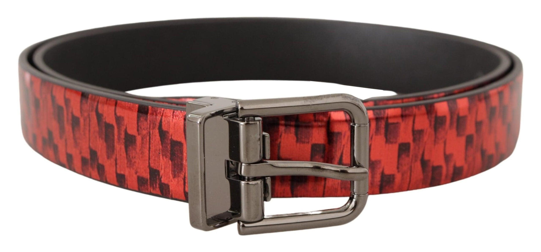 Dolce & Gabbana Red Herringbone Leather Gray Tone Buckle Belt - Ellie Belle