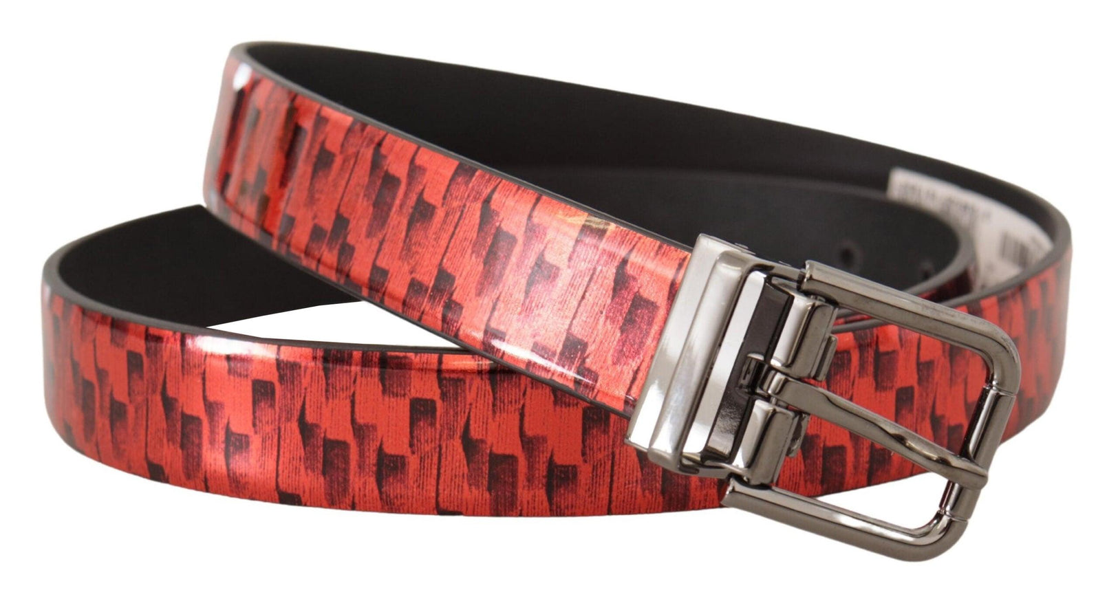 Dolce & Gabbana Red Herringbone Leather Gray Tone Buckle Belt - Ellie Belle