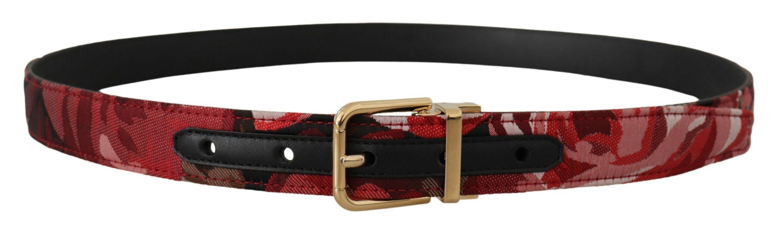 Dolce & Gabbana Red Jacquard Rose Leather Gold Metal Buckle Belt - Ellie Belle