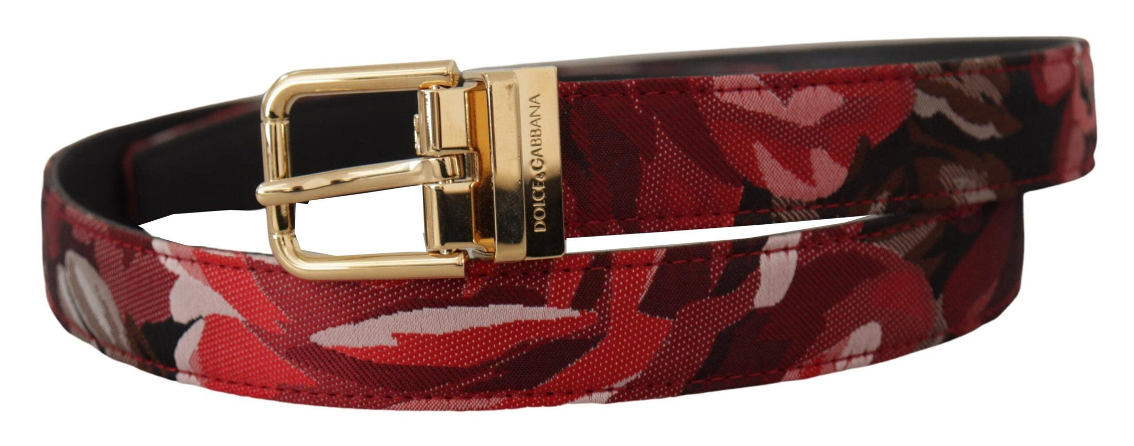 Dolce & Gabbana Red Jacquard Rose Leather Gold Metal Buckle Belt - Ellie Belle