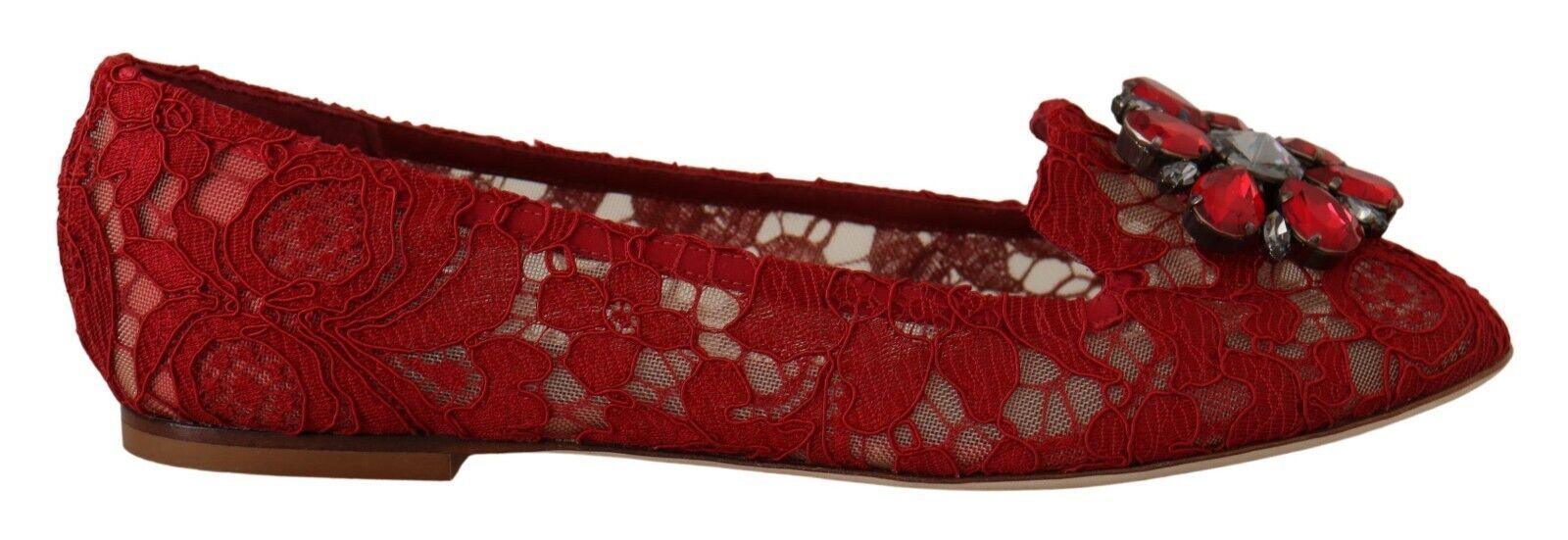 Dolce & Gabbana Red Lace Crystal Ballet Flats Loafers Shoes - Ellie Belle