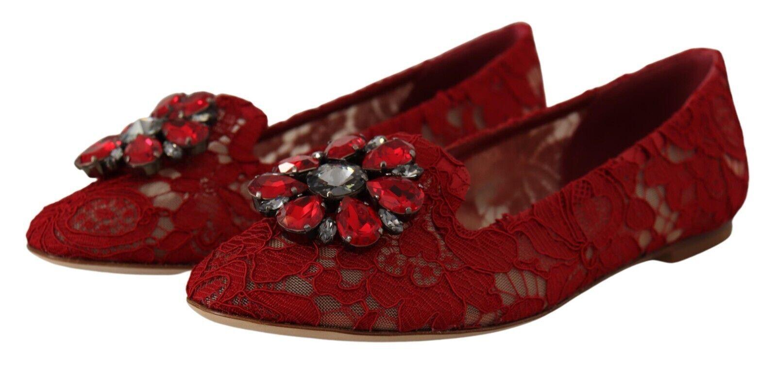 Dolce & Gabbana Red Lace Crystal Ballet Flats Loafers Shoes - Ellie Belle