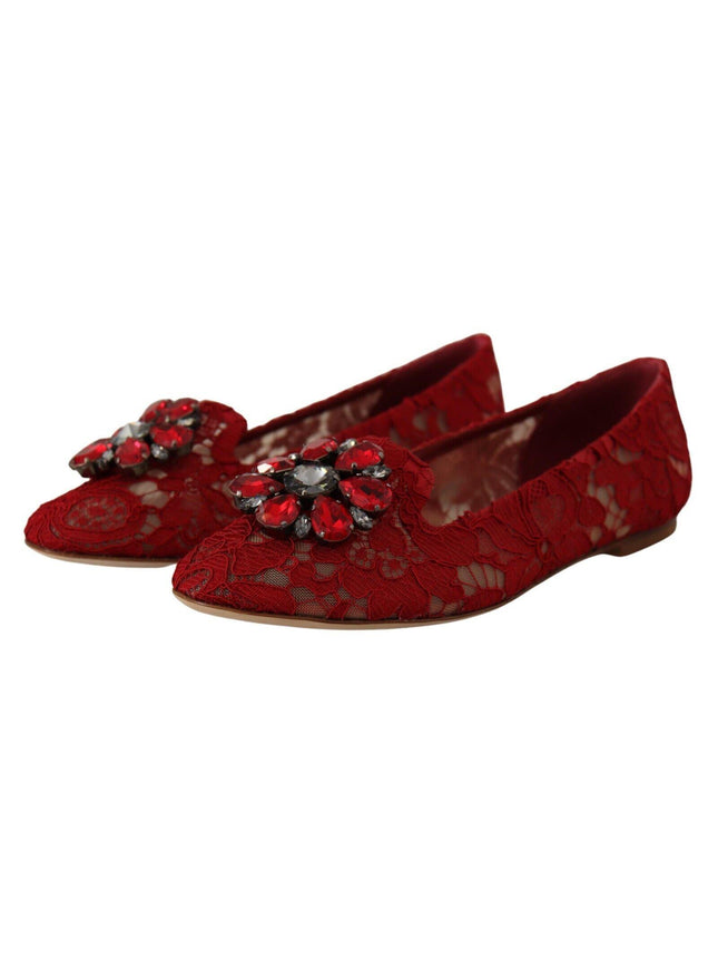 Dolce & Gabbana Red Lace Crystal Ballet Flats Loafers Shoes - Ellie Belle