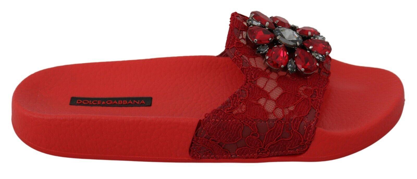 Dolce & Gabbana Red Lace Crystal Sandals Slides Beach Shoes - Ellie Belle