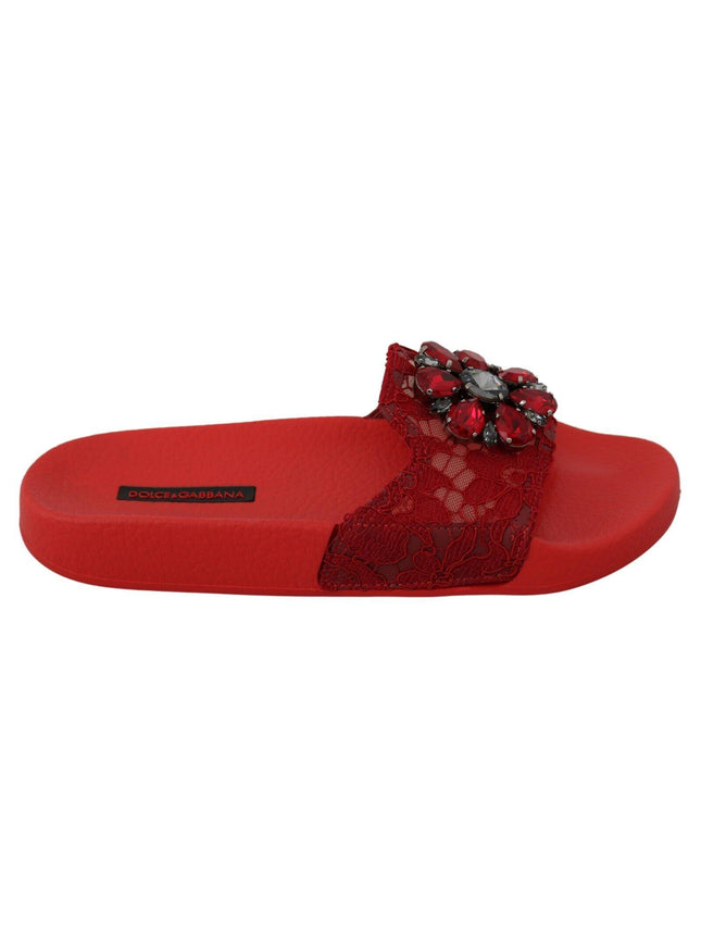 Dolce & Gabbana Red Lace Crystal Sandals Slides Beach Shoes - Ellie Belle