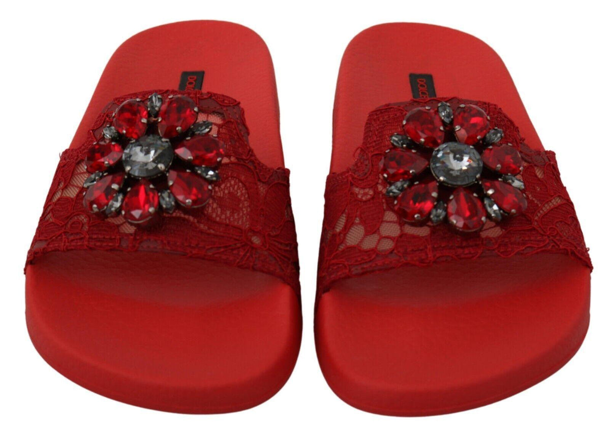 Dolce & Gabbana Red Lace Crystal Sandals Slides Beach Shoes - Ellie Belle