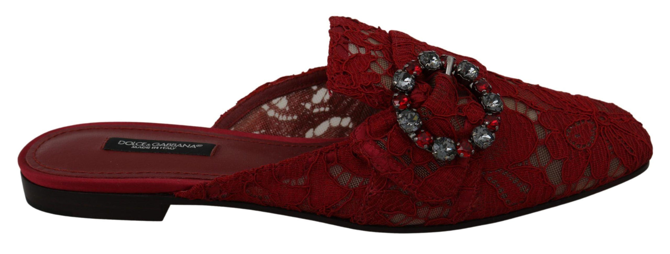 Dolce & Gabbana Red Lace Crystal Slide On Flats Shoes - Ellie Belle