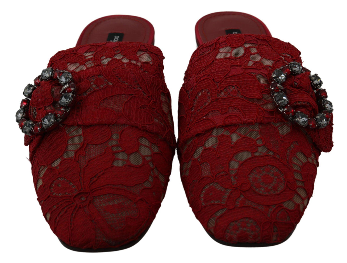 Dolce & Gabbana Red Lace Crystal Slide On Flats Shoes - Ellie Belle