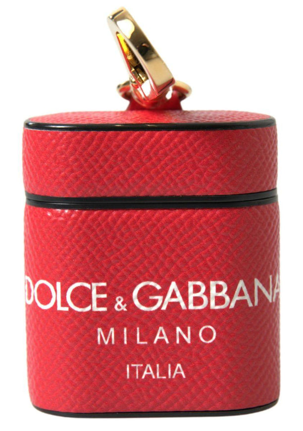 Dolce & Gabbana Red Leather Gold Tone Metal Logo Print Airpods Case - Ellie Belle