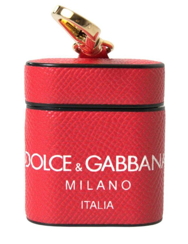 Dolce & Gabbana Red Leather Gold Tone Metal Logo Print Strap Airpods Case - Ellie Belle