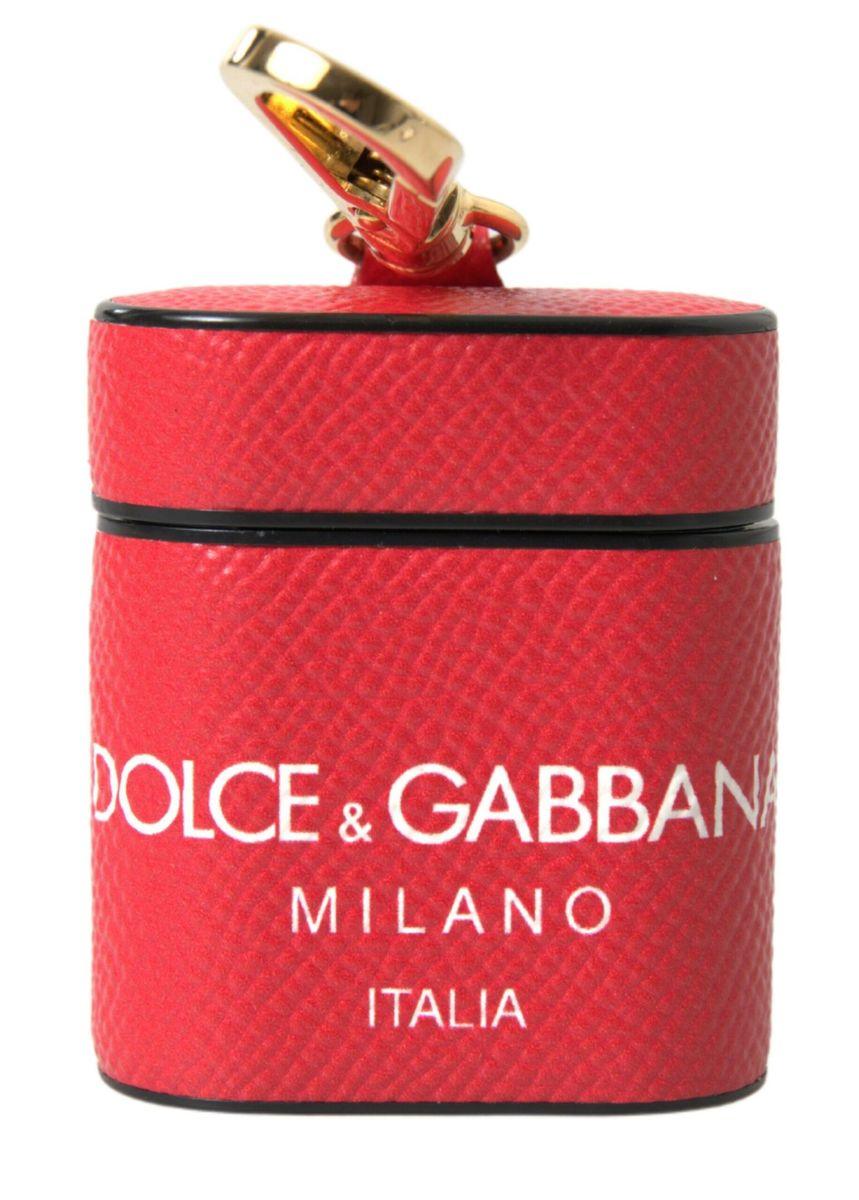 Dolce & Gabbana Red Leather Gold Tone Metal Logo Print Strap Airpods Case - Ellie Belle