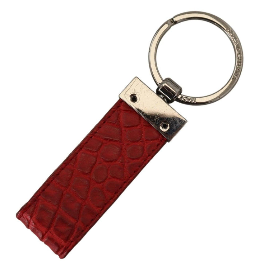 Dolce & Gabbana Red Leather Logo Plaque Silver Brass Keychain - Ellie Belle