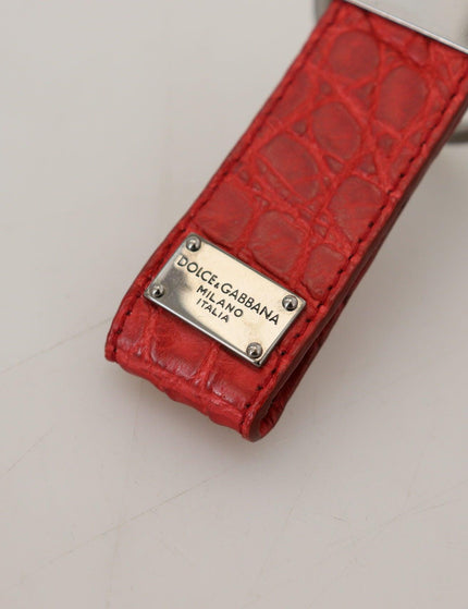 Dolce & Gabbana Red Leather Logo Plaque Silver Brass Keychain - Ellie Belle