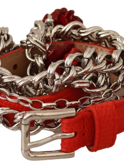 Dolce & Gabbana Red Leather Roses Floral Silver Waist Belt