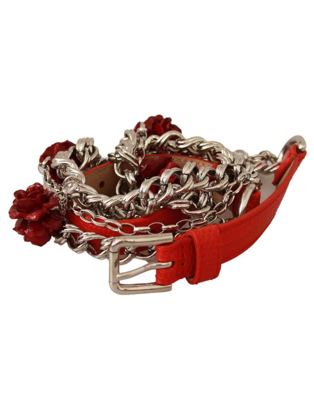 Dolce & Gabbana Red Leather Roses Floral Silver Waist Belt - Ellie Belle