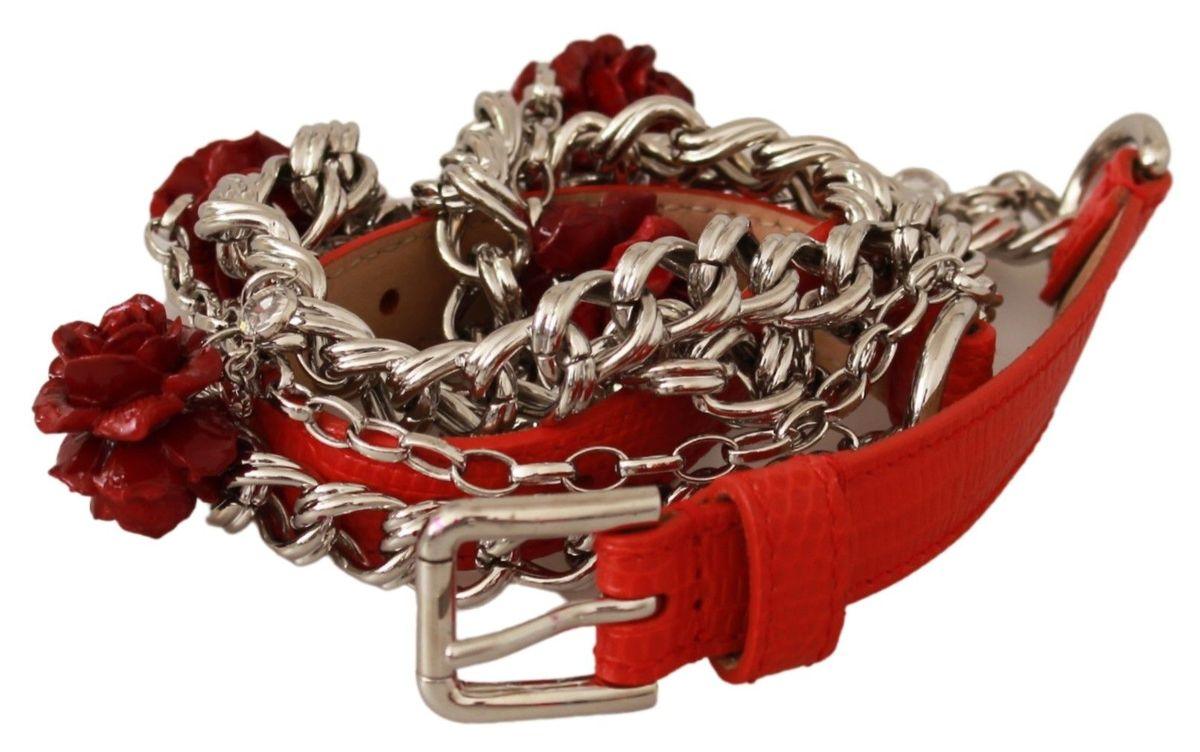 Dolce & Gabbana Red Leather Roses Floral Silver Waist Belt - Ellie Belle