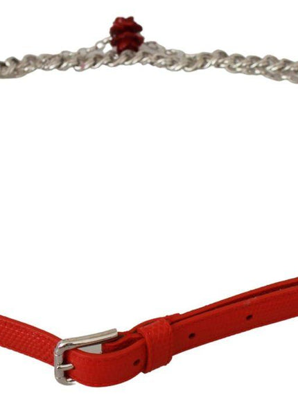 Dolce & Gabbana Red Leather Roses Floral Silver Waist Belt
