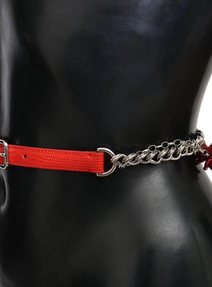 Dolce & Gabbana Red Leather Roses Floral Silver Waist Belt