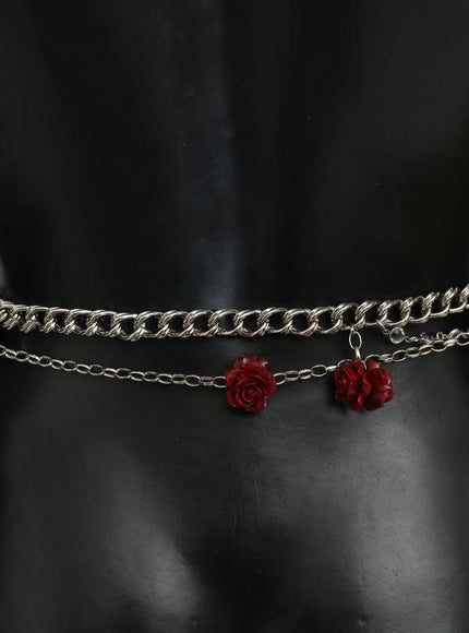 Dolce & Gabbana Red Leather Roses Floral Silver Waist Belt