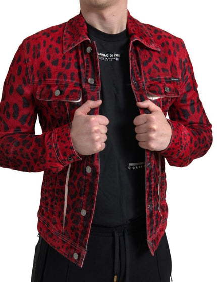 Dolce & Gabbana Red Leopard Cotton Collared Denim Jacket - Ellie Belle