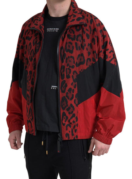 Dolce & Gabbana Red Leopard Nylon Full Zip Sweater