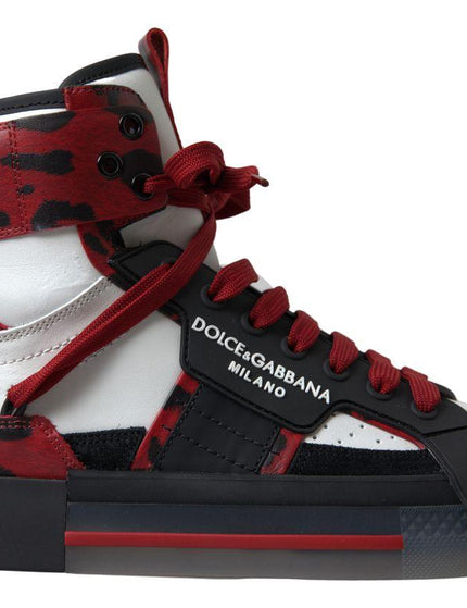 Dolce & Gabbana Red Leopard White Leather High Sneakers Shoes - Ellie Belle