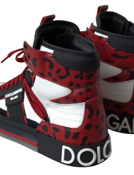 Dolce & Gabbana Red Leopard White Leather High Sneakers Shoes - Ellie Belle